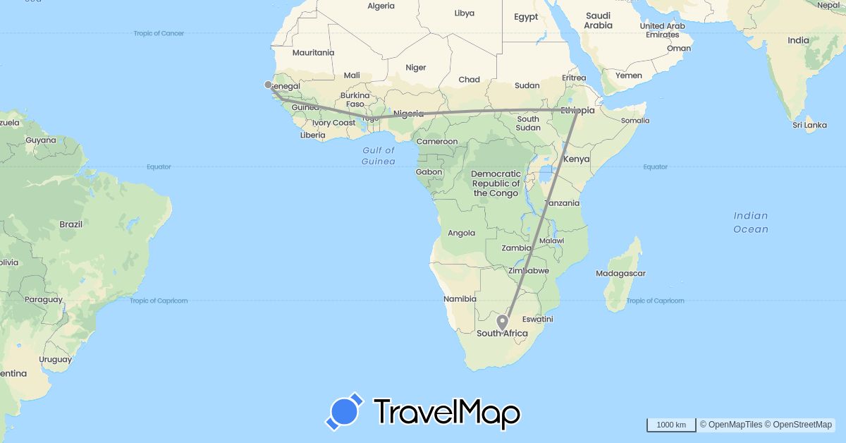 TravelMap itinerary: driving, plane in Ethiopia, Guinea-Bissau, Senegal, Togo, South Africa (Africa)