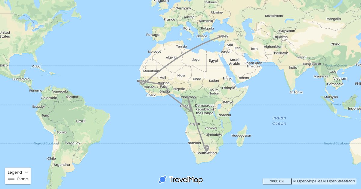 TravelMap itinerary: driving, plane in Burkina Faso, Democratic Republic of the Congo, Cameroon, Ghana, Guinea-Bissau, Senegal, Togo, Turkey, South Africa (Africa, Asia)